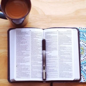 Bible, pen and coffee ready for morning devotions