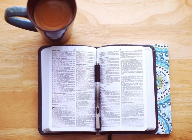 Bible, pen and coffee ready for morning devotions