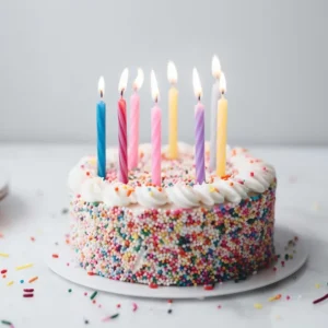 Birthday cake with colorful candles and sprinkles