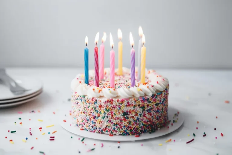 Birthday cake with colorful candles and sprinkles