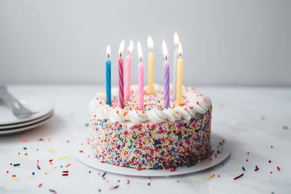Birthday cake with colorful candles and sprinkles